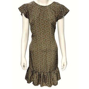 CCC Vintage Style Floral Print Dress Ruffle Hem Cap Sleeves Lightweight V Neck B
